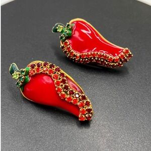 Lunch at the Ritz Vintage Red Chili Pepper Enamel Rhinestone Pierced Earrings